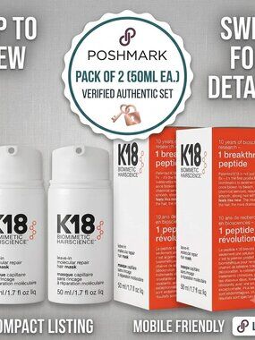 K18 Leave-In Molecular Repair Hair Mask 50ml/1.7oz (Pack of 2) New & Sealed